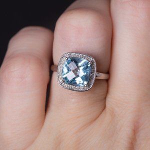 Diamond and Sky Blue Topaz Halo 14k White Gold Ring